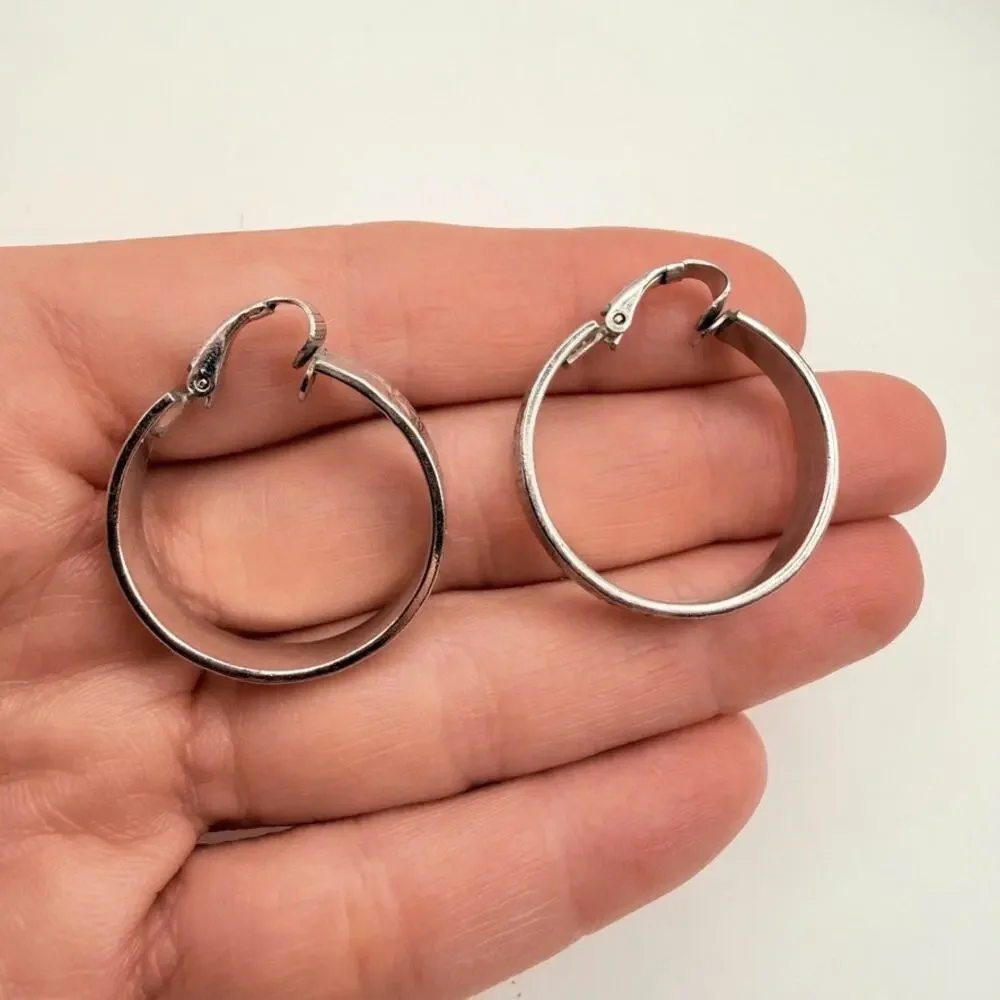 Vtg MCM LH Segal California Hoop Earrings Silver Tone Textured Etched Clip On